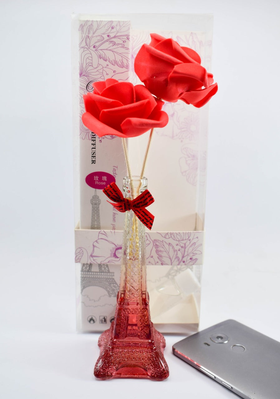 Red Rose Flower and glass vase, with refillable fragrance, Best gift for Birthdays, Eid, Anniversary, and Love day, beautiful home decoration piece