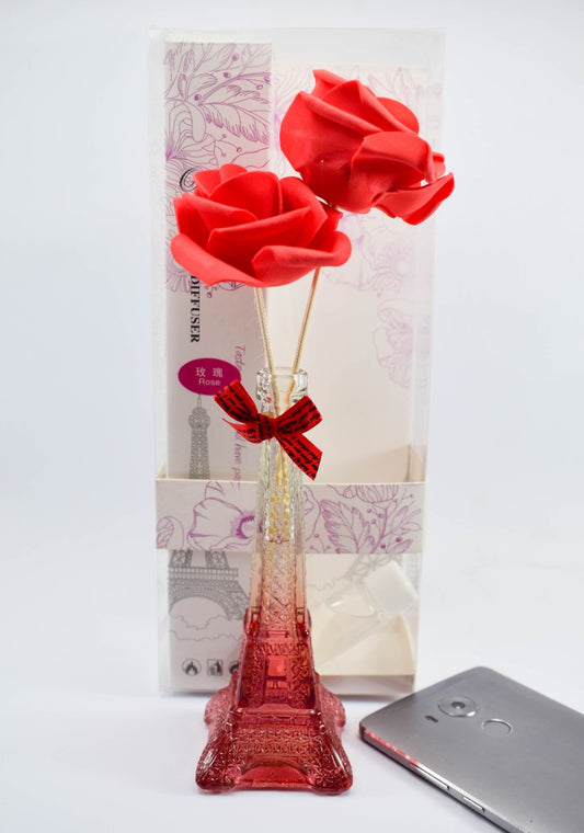 Red Rose Flower and glass vase, with refillable fragrance, Best gift for Birthdays, Eid, Anniversary, and Love day, beautiful home decoration piece