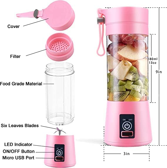 MR. BRAND Portable Blender, Personal Size Electric Rechargeable USB Juicer Cup, Fruit Mixer Jar Machine with 6 Six Blades for Home and Travel (380 ml, Multicolour) (MULTI)