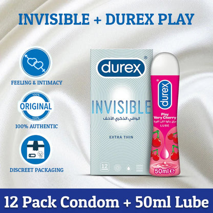 Durex Invisible Condoms pack of 12's with Durex Very Cherry Lubricant 50ml