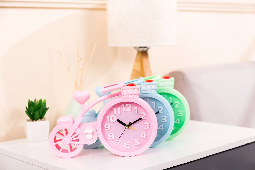 Alarm Clock Cute Bicycle shape Candy Colors Multi-function Trip Bed Beep Desktop Alarm Clock Mini Mute Portable Table Clocks