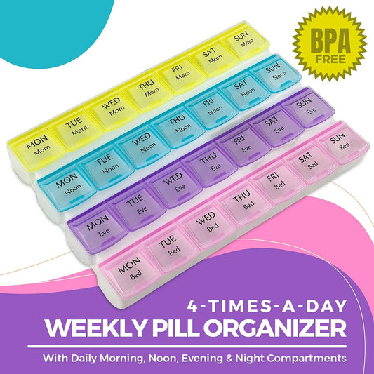 Weekly Pill Organizer - 4-Times-a-Day Pill Planner (Pack of 2) Pill Box Separates Pills & Vitamins with Daily Morning, Noon, Evening & Night Compartments, Travel Medication Reminder Monday to Sunday